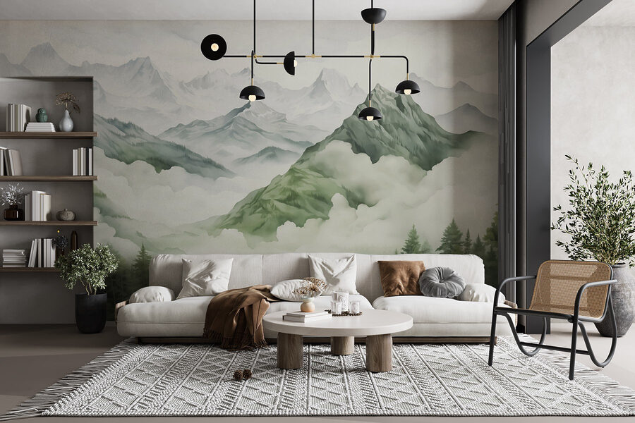 Pintura de montañas y árboles