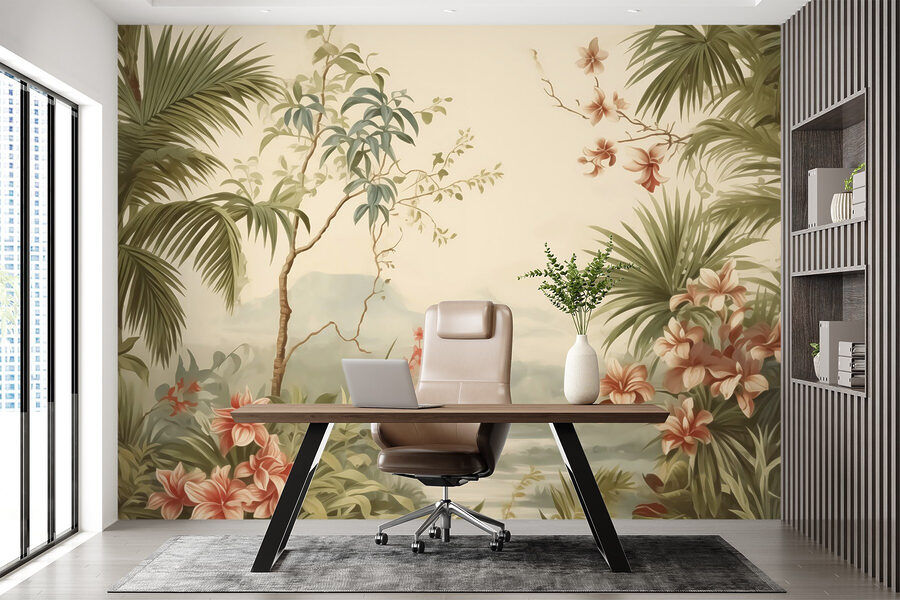 Papel pintado con flores y árboles