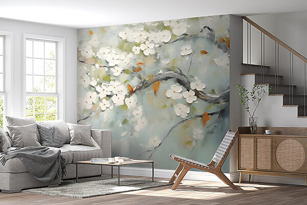Pintura de una rama de árbol con flores blancas Pintura de una rama de árbol con flores blancas