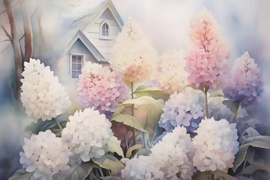 Pintura de flores delante de una casa