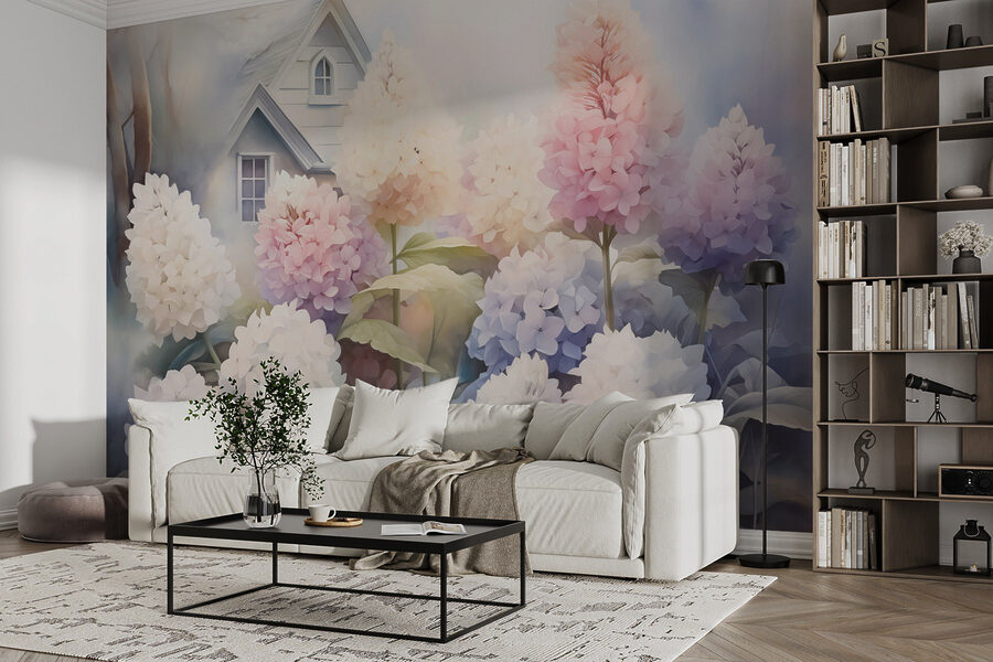 Pintura de flores delante de una casa