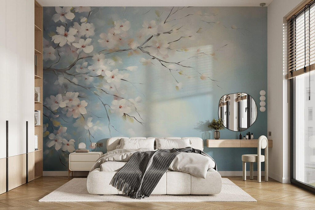 Painting of a tree branch with white flowers Painting of a tree branch with white flowers