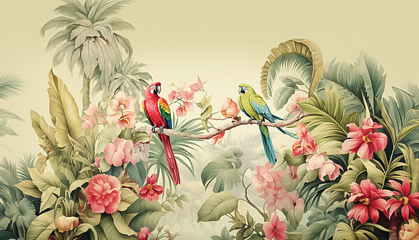 Pareja de loros en una rama con flores Pareja de loros en una rama con flores