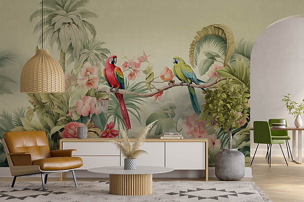 Pareja de loros en una rama con flores Pareja de loros en una rama con flores