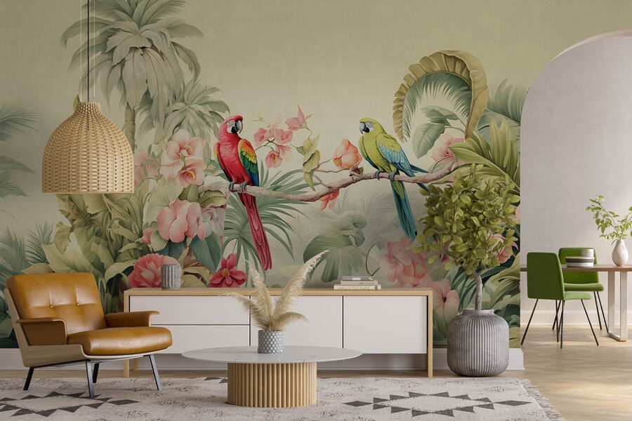 Pareja de loros en una rama con flores