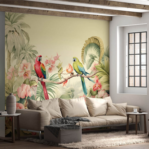 Pareja de loros en una rama con flores Pareja de loros en una rama con flores