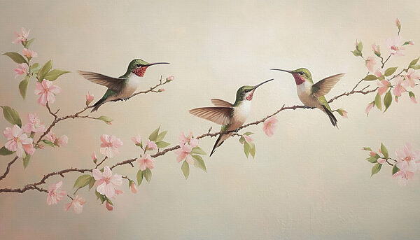 Pintura de colibríes en una rama con flores Pintura de colibríes en una rama con flores