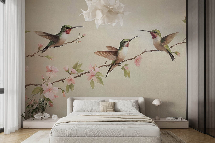 Pintura de colibríes en una rama con flores