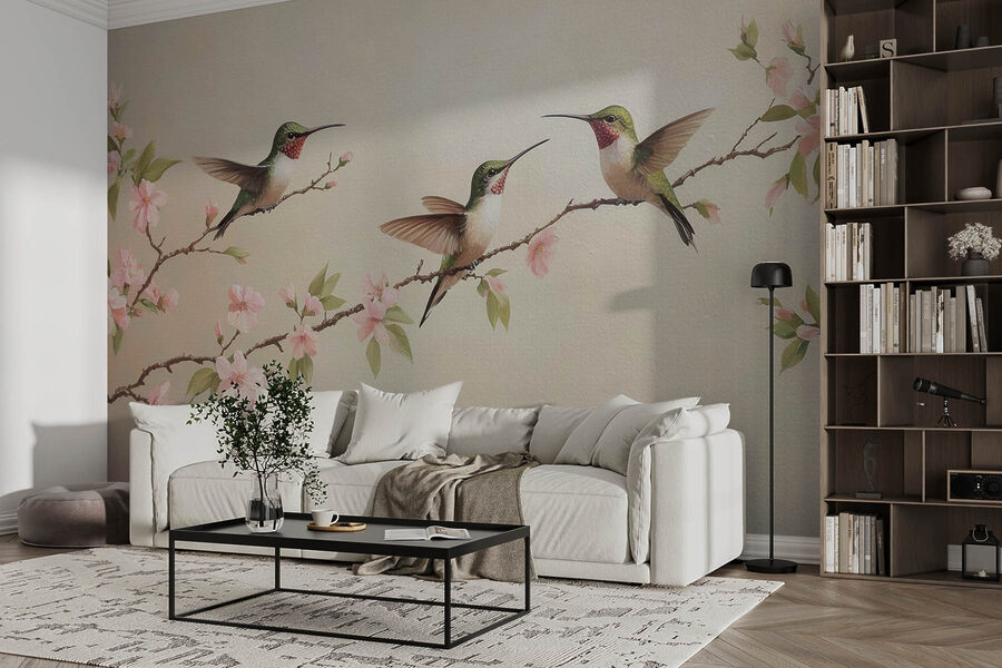Pintura de colibríes en una rama con flores