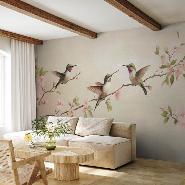 Pintura de colibríes en una rama con flores Pintura de colibríes en una rama con flores