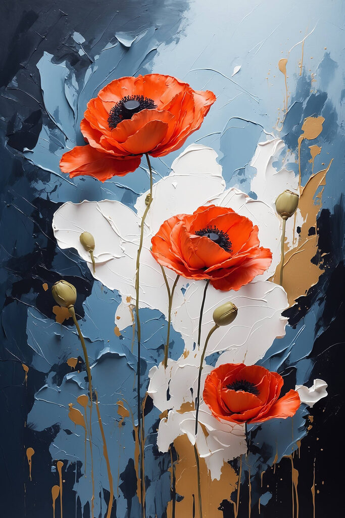Painting of flowers on a blue and white background Painting of flowers on a blue and white background