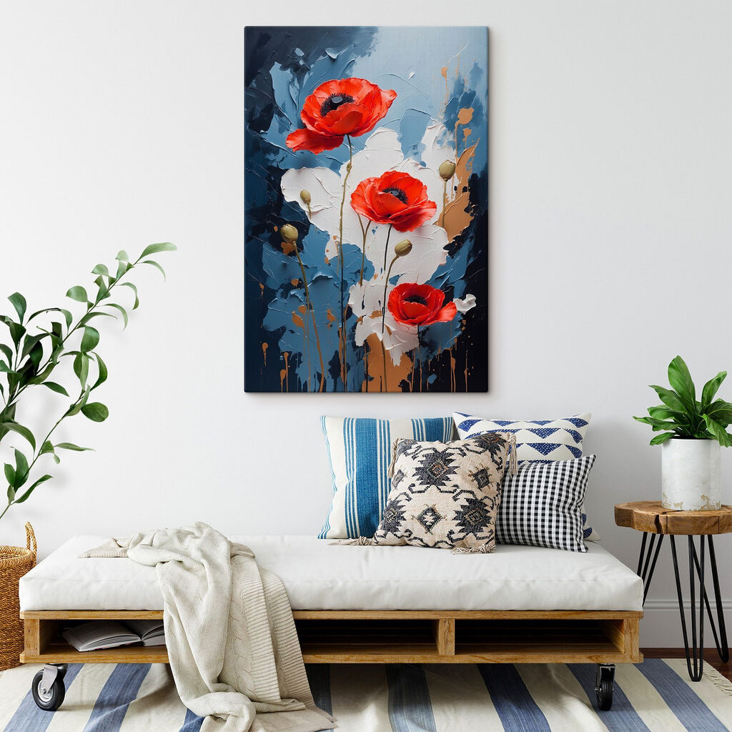 Painting of flowers on a blue and white background Painting of flowers on a blue and white background