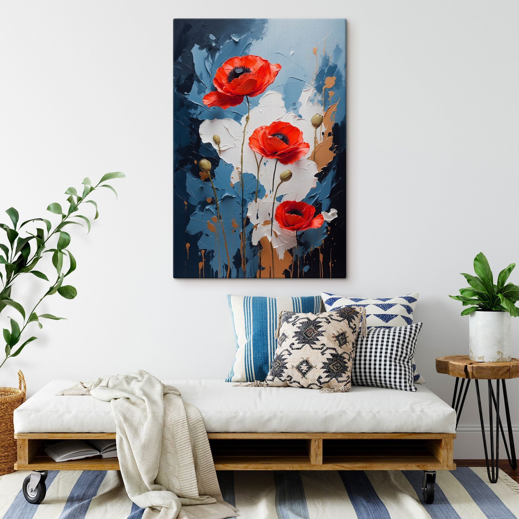 Painting of flowers on a blue and white background Painting of flowers on a blue and white background