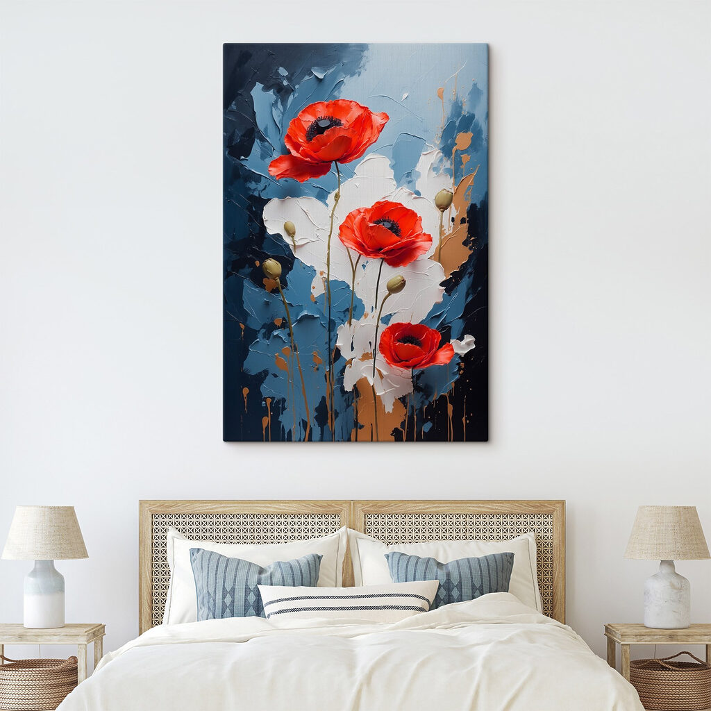 Painting of flowers on a blue and white background Painting of flowers on a blue and white background