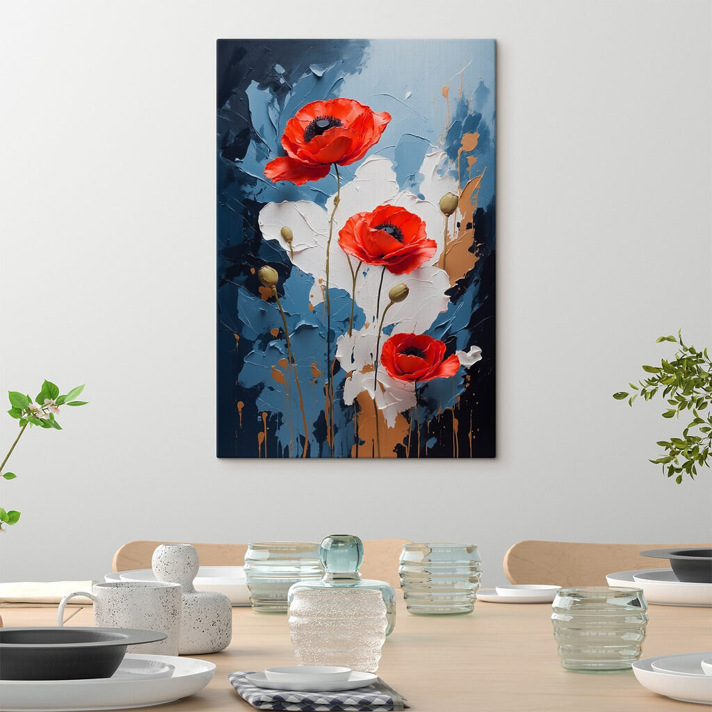 Painting of flowers on a blue and white background Painting of flowers on a blue and white background