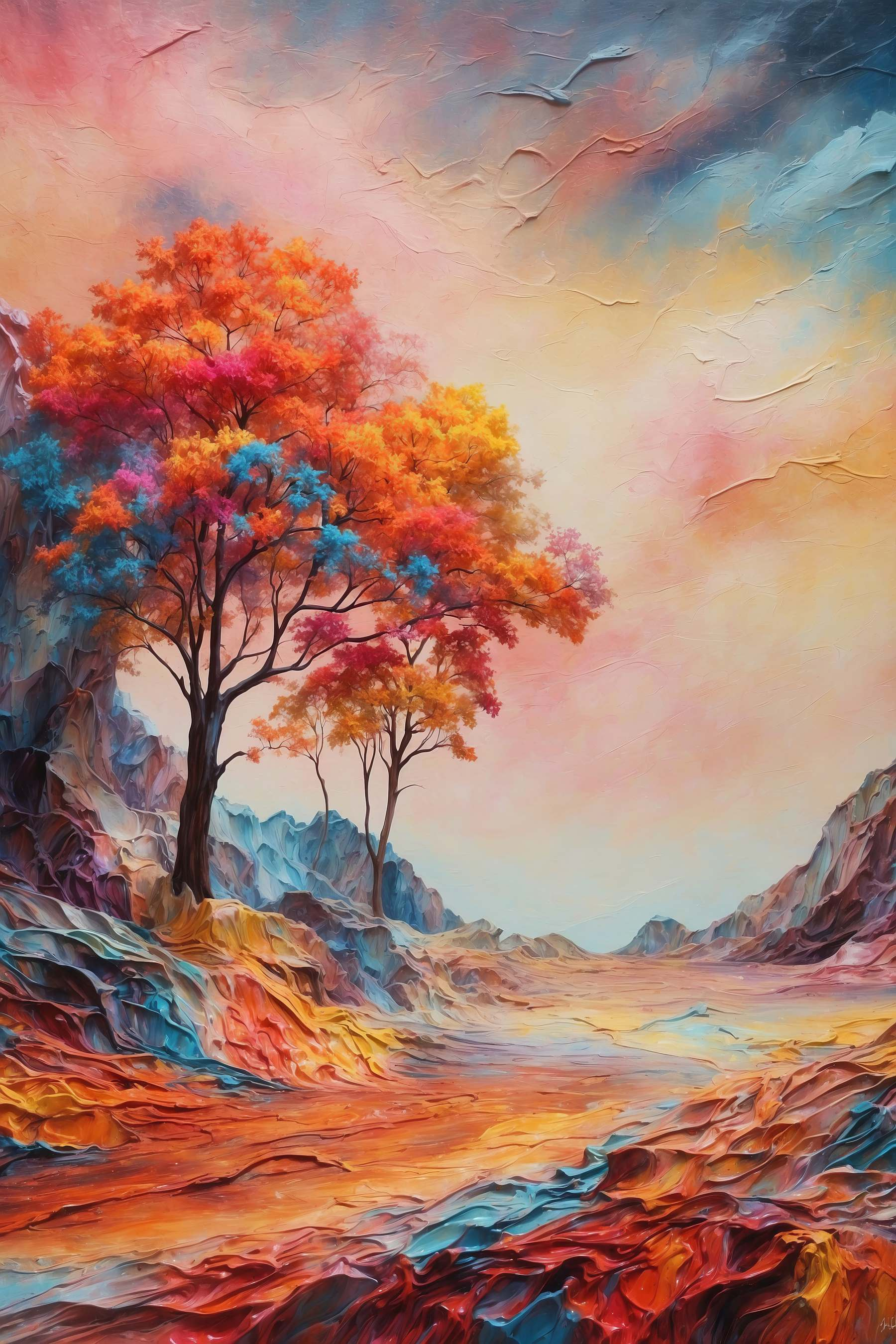 Painting of a tree with colorful leaves Painting of a tree with colorful leaves