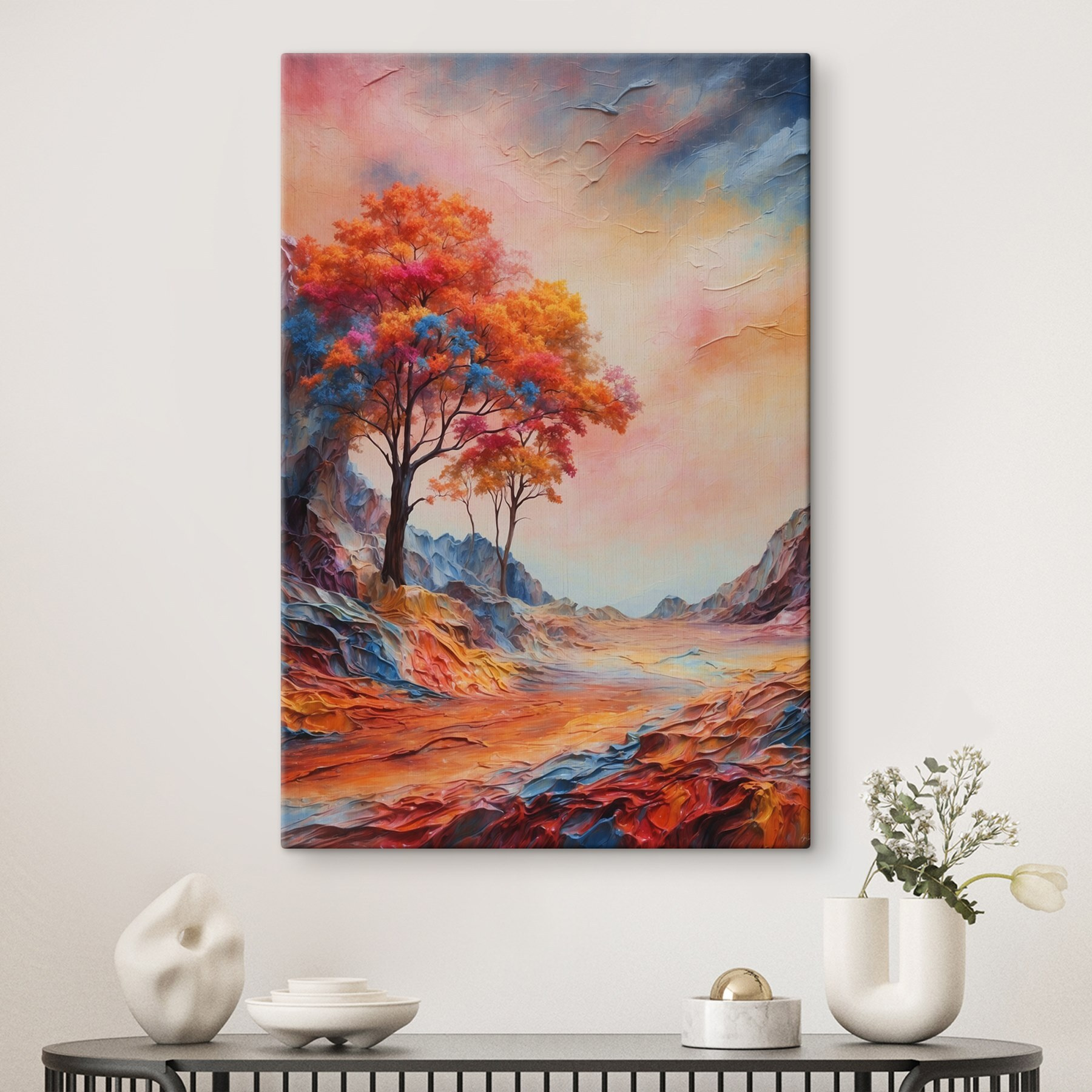 Painting of a tree with colorful leaves Painting of a tree with colorful leaves