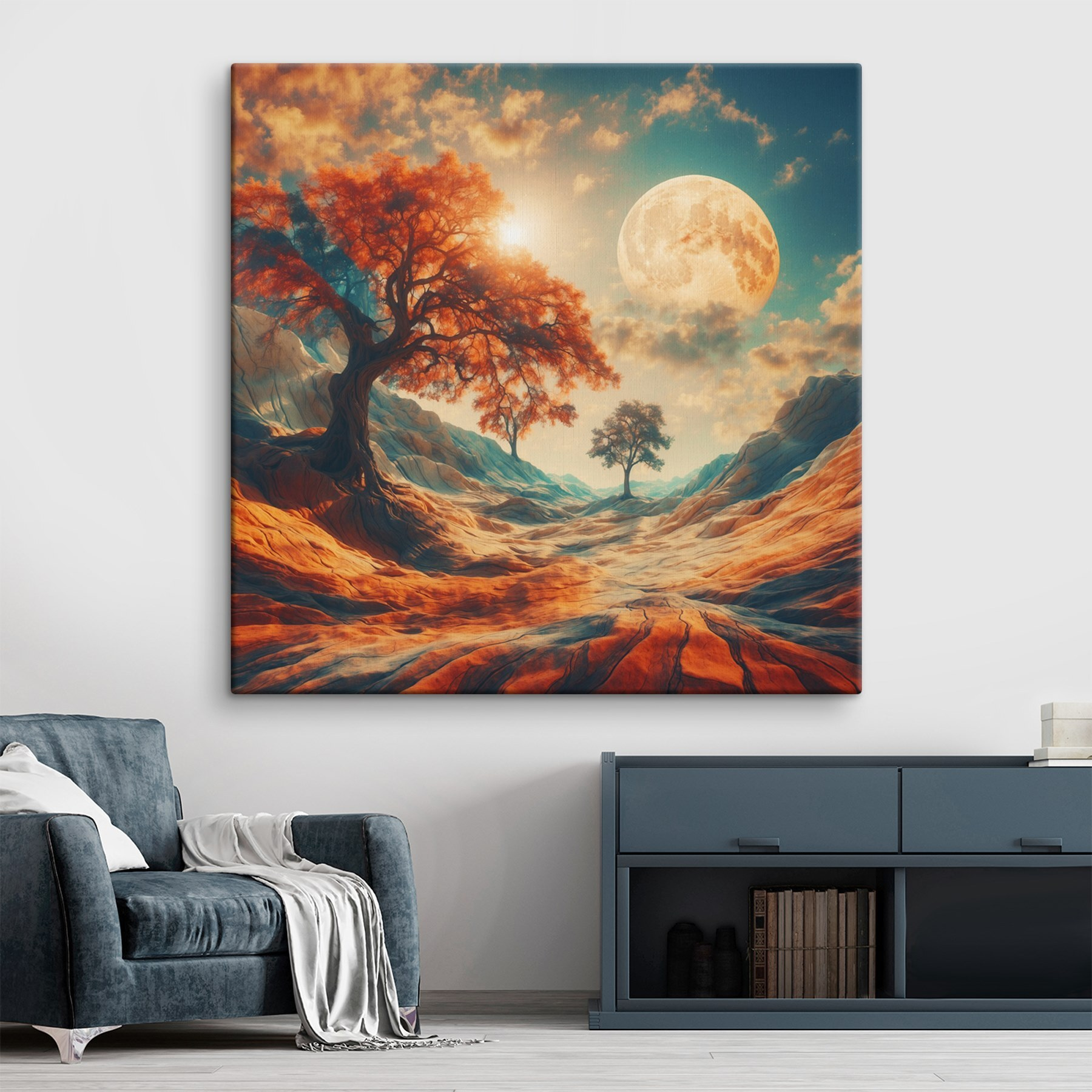 Landscape with trees and mountains and a moon
