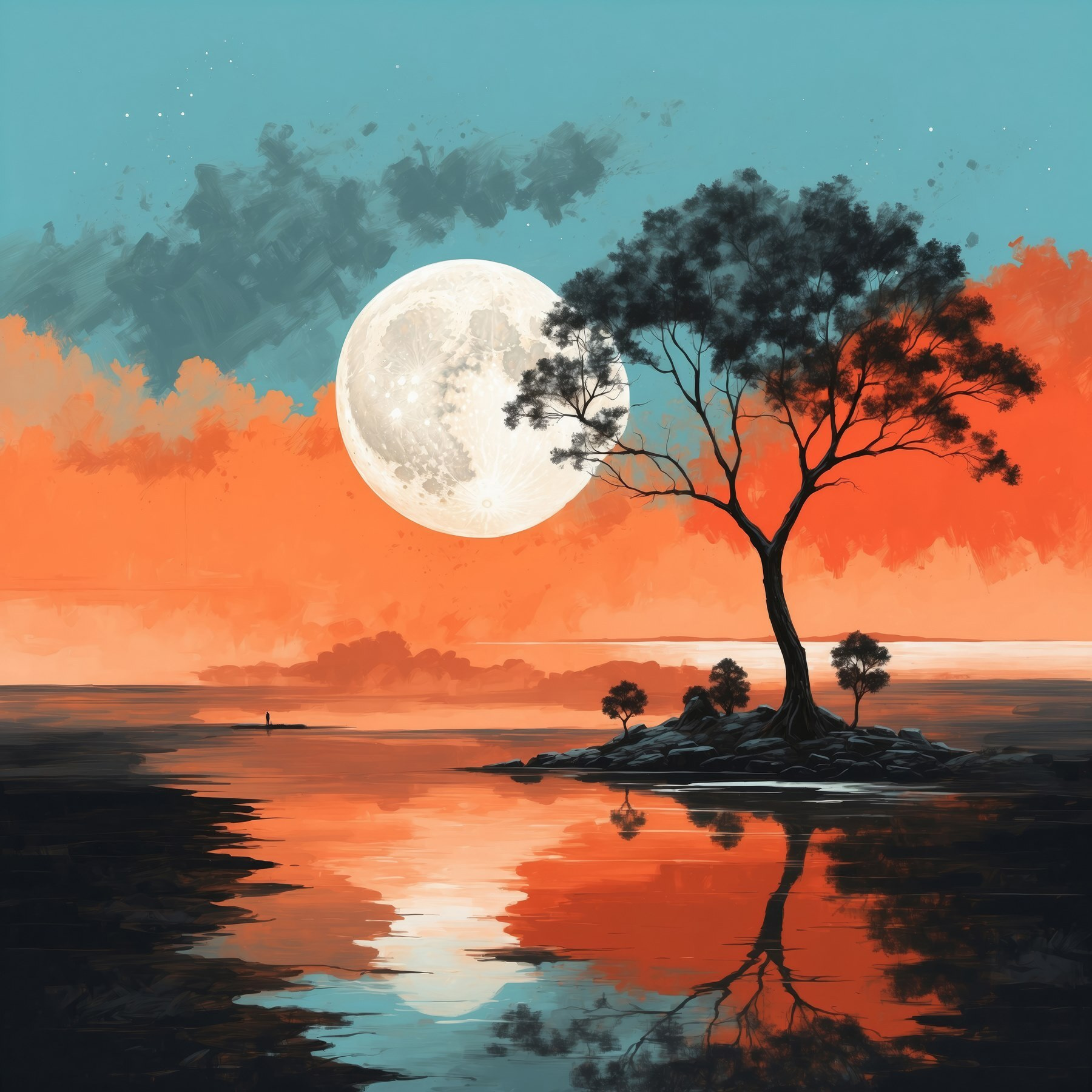 Tree on a island in the middle of a body of water with a full moon in the background Tree on a island in the middle of a body of water with a full moon in the background