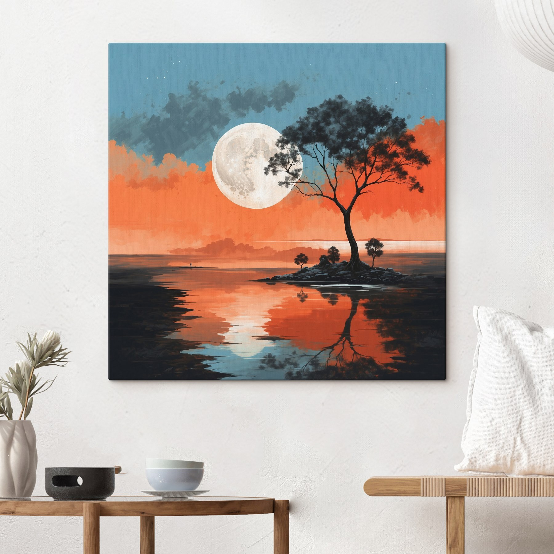 Tree on a island in the middle of a body of water with a full moon in the background Tree on a island in the middle of a body of water with a full moon in the background