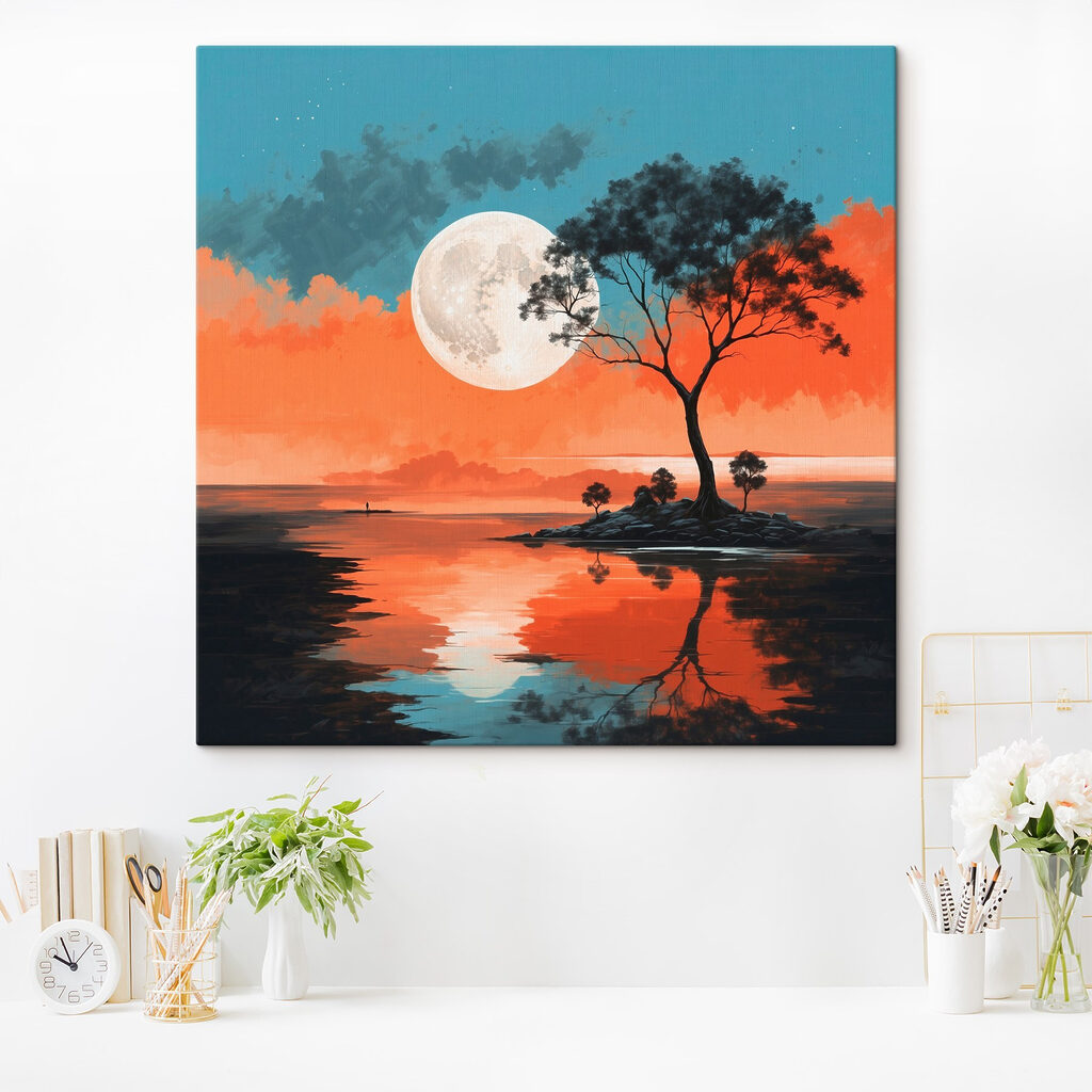 Tree on a island in the middle of a body of water with a full moon in the background Tree on a island in the middle of a body of water with a full moon in the background