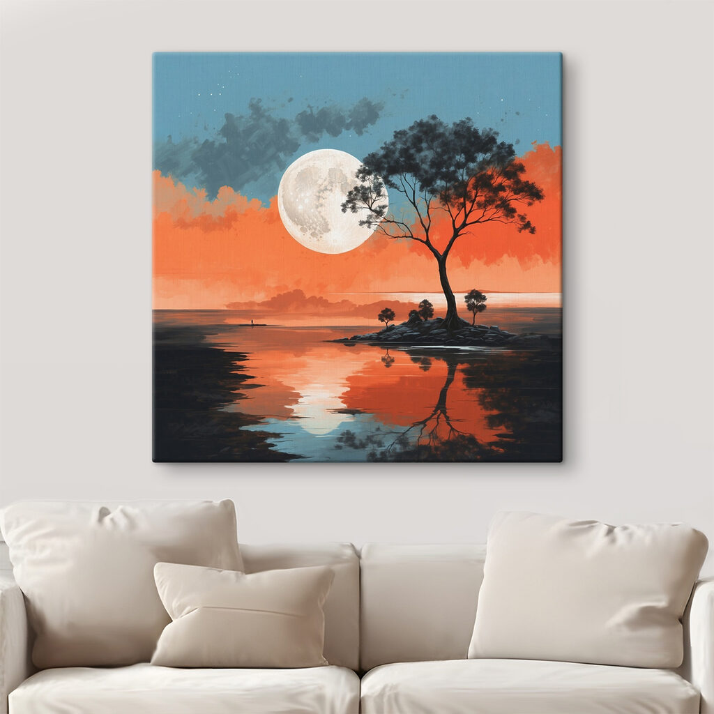 Tree on a island in the middle of a body of water with a full moon in the background Tree on a island in the middle of a body of water with a full moon in the background