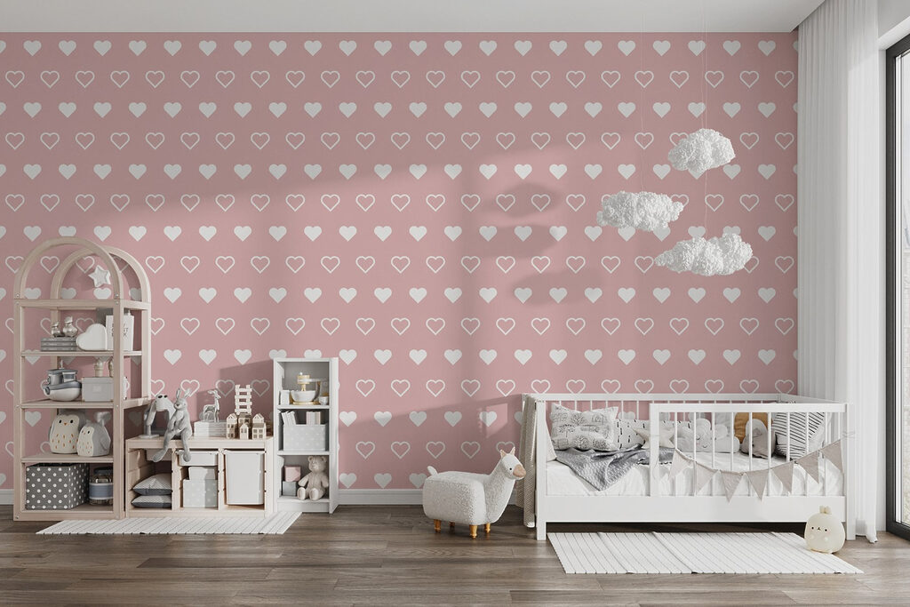 Pattern of white hearts on a pink background