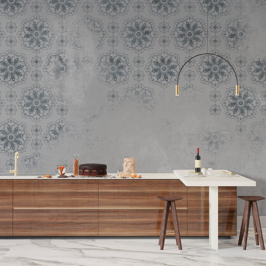 Papel pintado gris y blanco con motivos