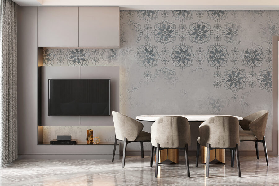 Papel pintado gris y blanco con motivos