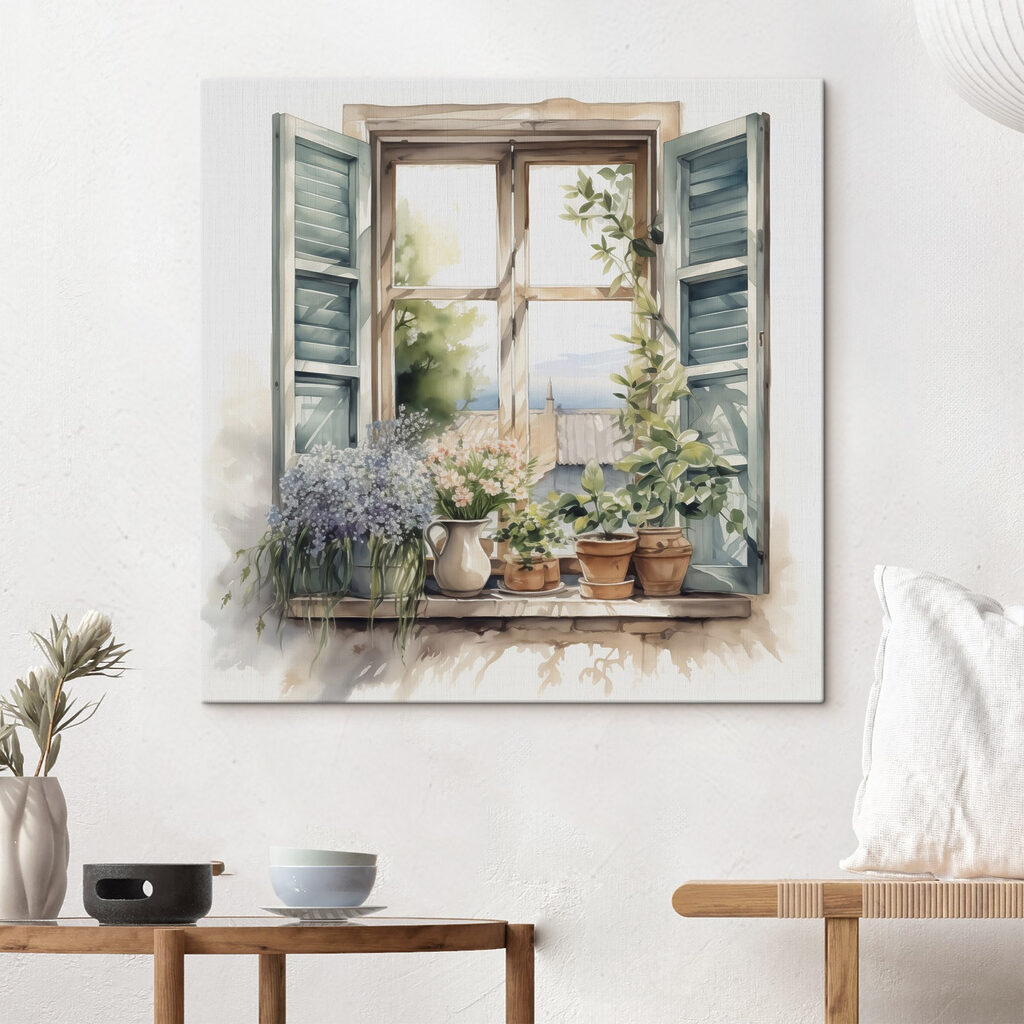 Watercolor painting of a window with potted plants