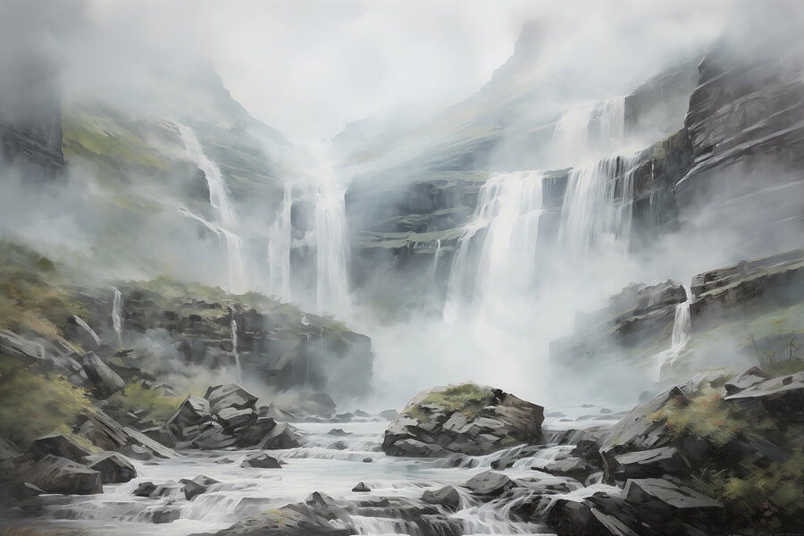 Cascada en montañas neblinosas