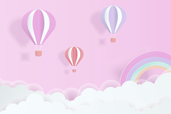 Fondo rosa con globos y un arco iris Fondo rosa con globos y un arco iris