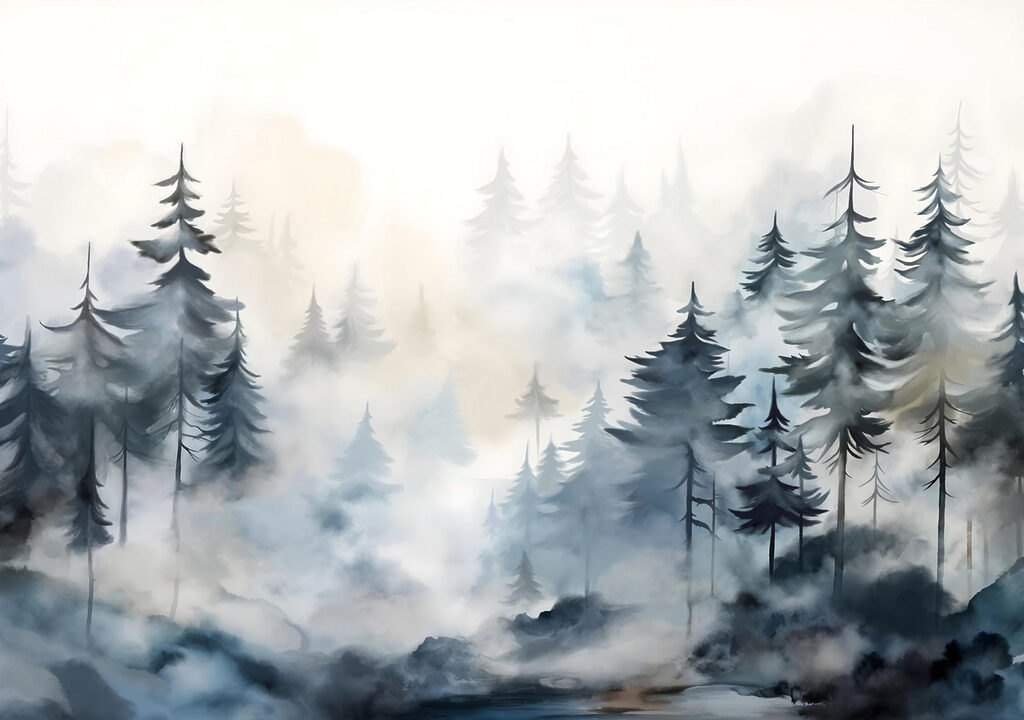 Pintura de árboles y niebla Pintura de árboles y niebla