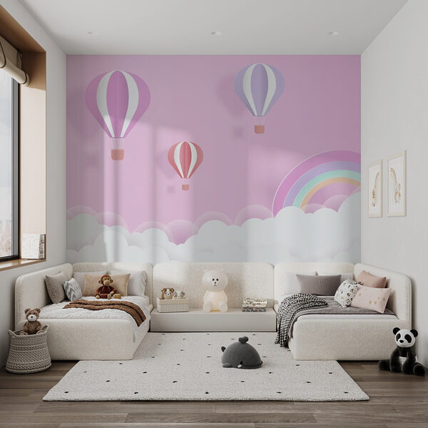 Fondo rosa con globos y un arco iris Fondo rosa con globos y un arco iris