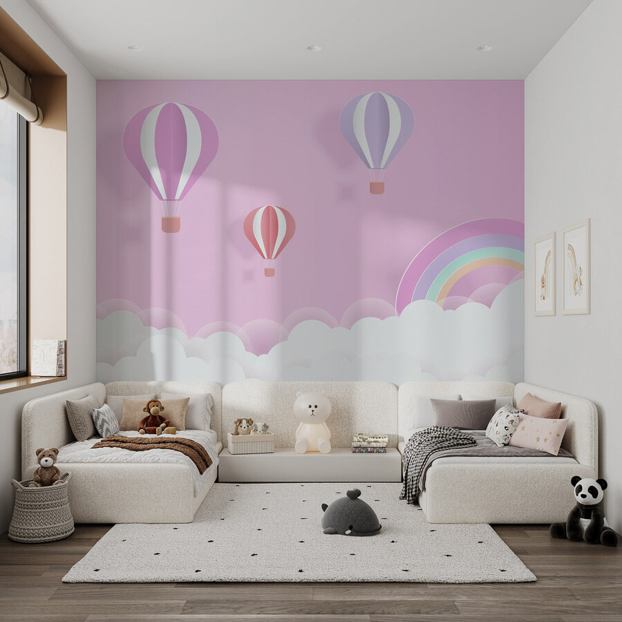 Fondo rosa con globos y un arco iris