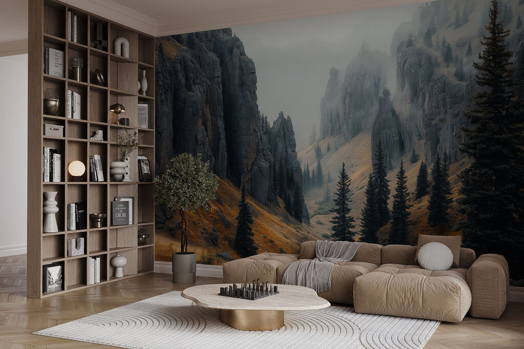 Rocky mountains with trees and fog Rocky mountains with trees and fog