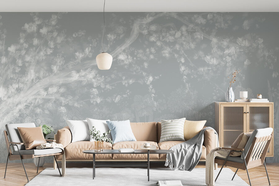 Motivo floral blanco y gris