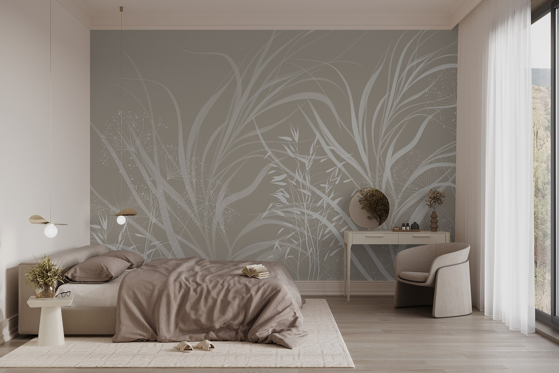 White floral design on a grey background
