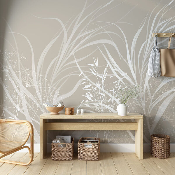 White floral design on a grey background