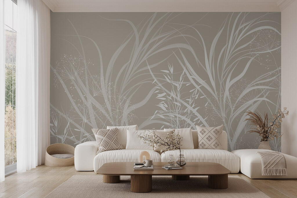 White floral design on a grey background