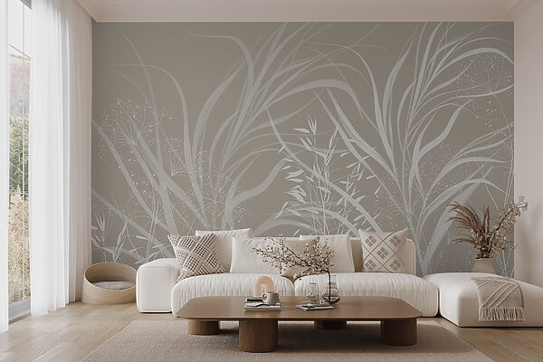 White floral design on a grey background
