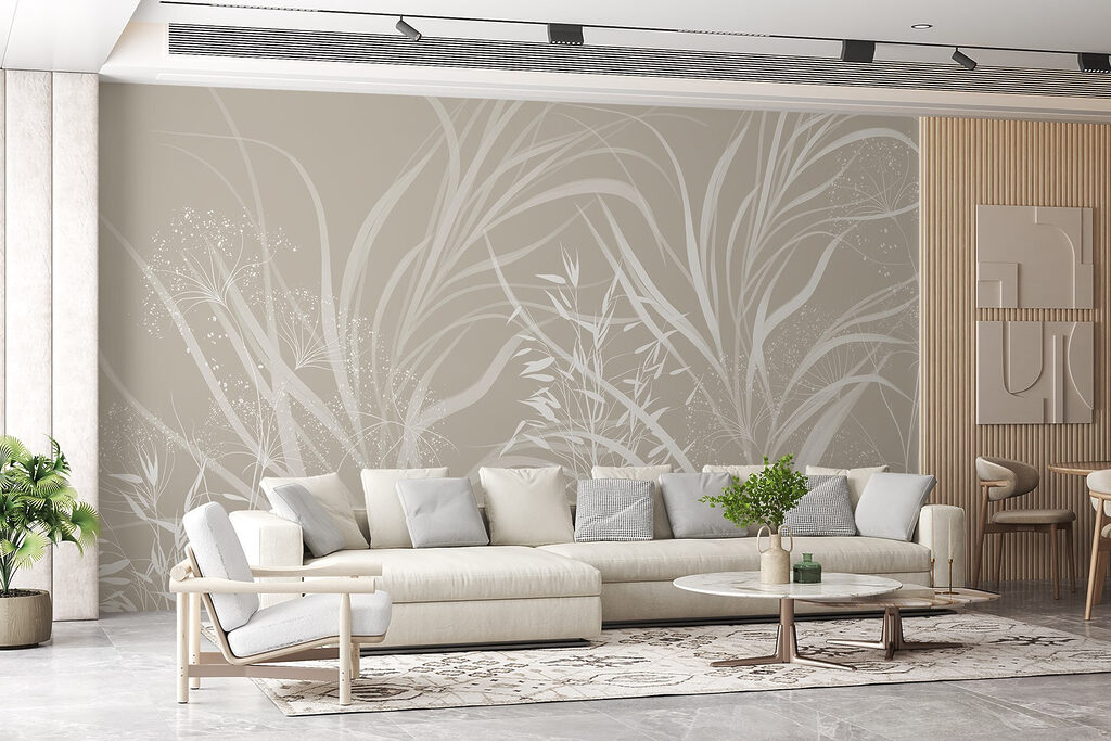 White floral design on a grey background
