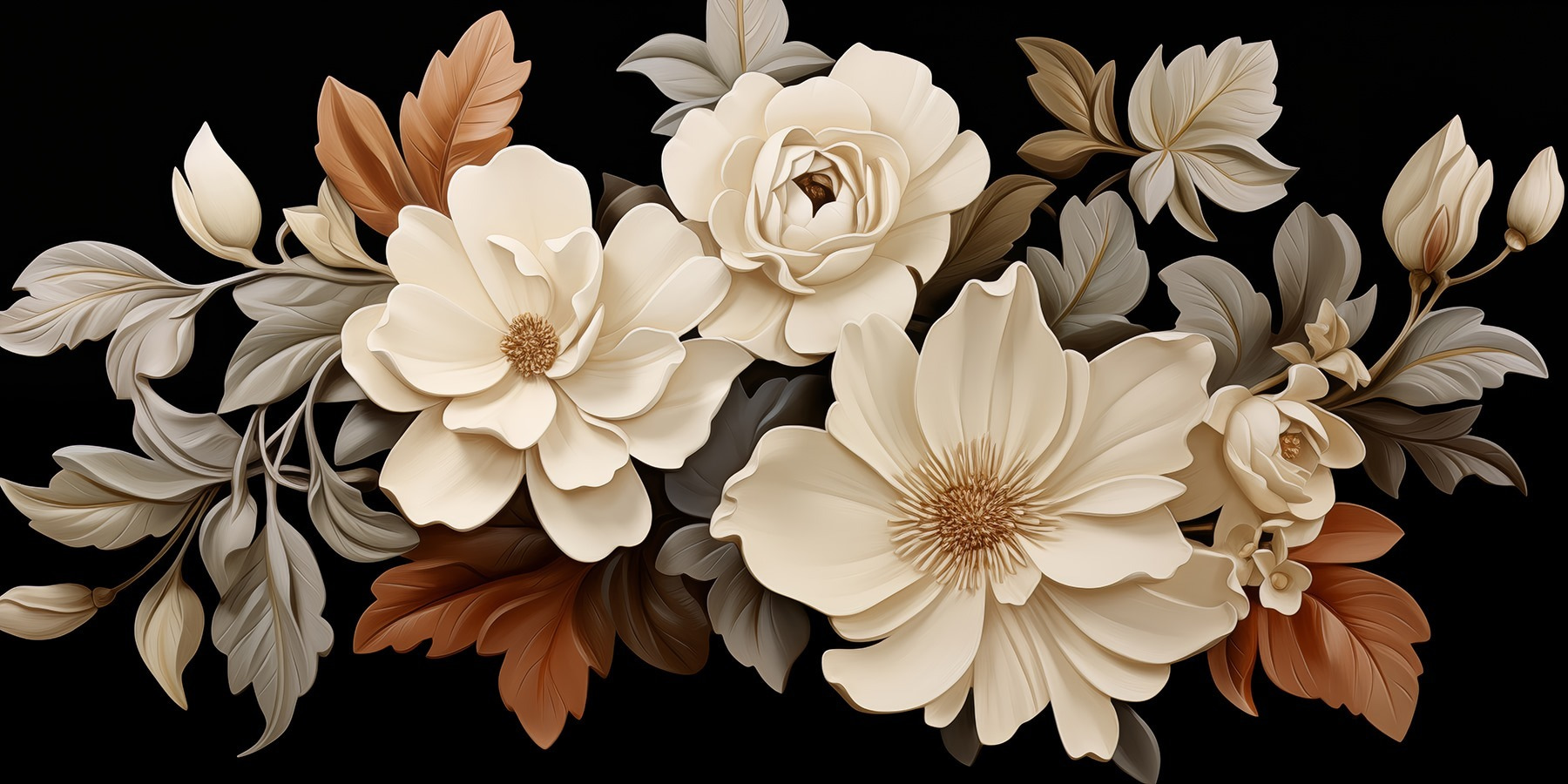 Group of white flowers with brown leaves Group of white flowers with brown leaves