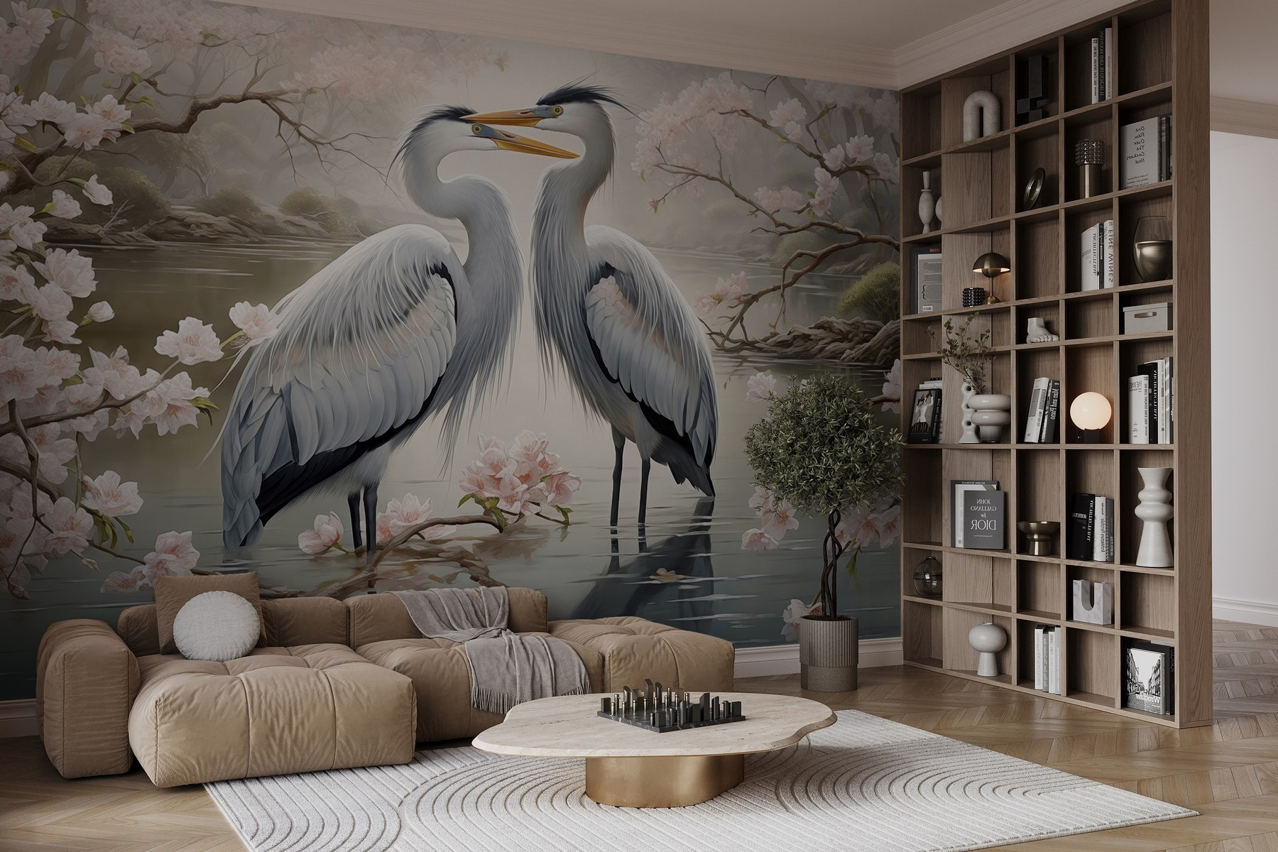 Couple of white birds standing in water with pink flowers