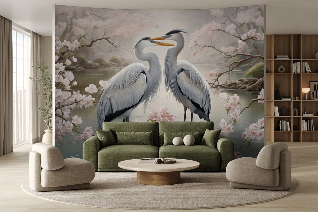 Couple of white birds standing in water with pink flowers