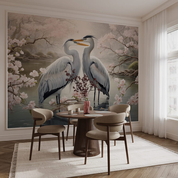 Couple of white birds standing in water with pink flowers