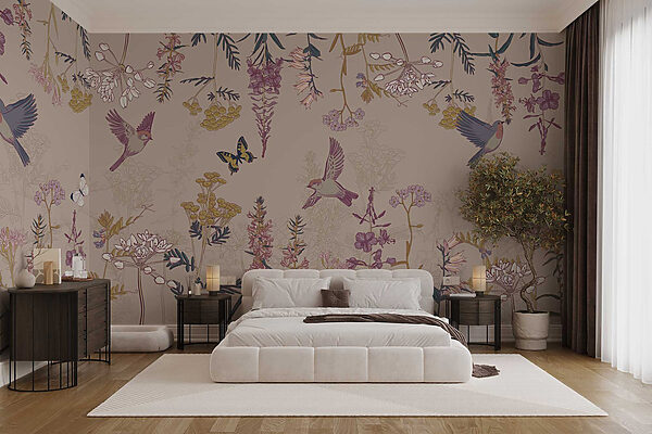 Papel pintado con pájaros y flores Papel pintado con pájaros y flores