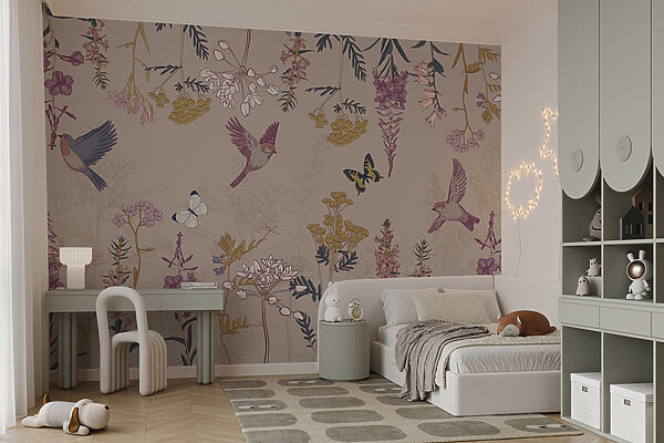 Papel pintado con pájaros y flores Papel pintado con pájaros y flores
