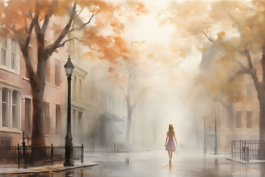 Mujer caminando por una calle entre la niebla Mujer caminando por una calle entre la niebla