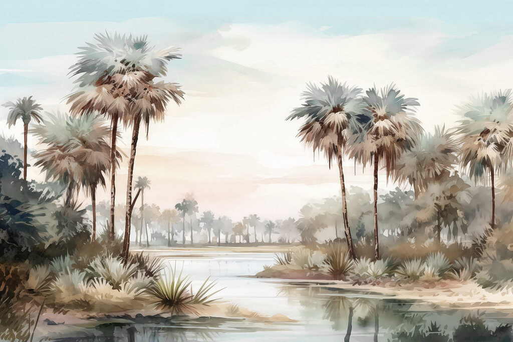 Agua y palmeras junto a un río Agua y palmeras junto a un río